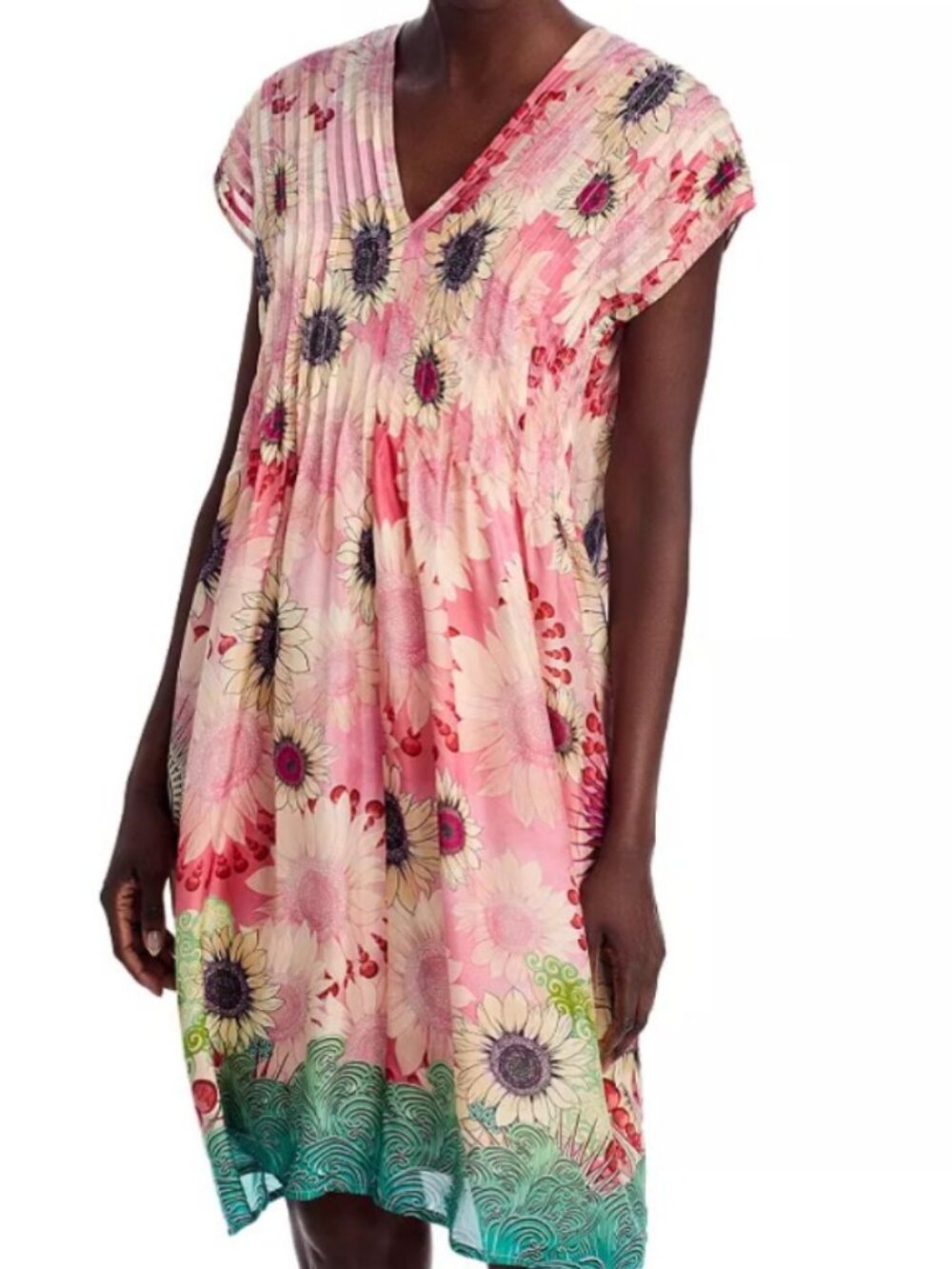Johnny Was Rosa Pleated Silk Dress L Pink Floral Boho Celestial Resort